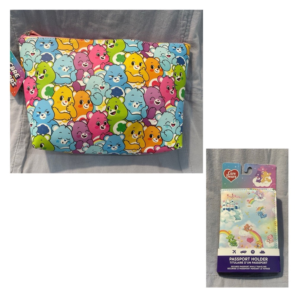 NEW Set of Care Bears Multicolor Travel Pouch & Passport Holder - All the Bears